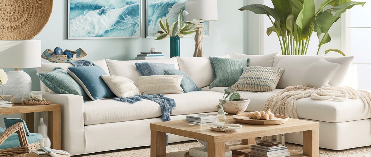 Brightly lit living room featuring coastal colors and décor.